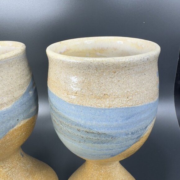 Vintage Large Footed Goblets Cups Set 2 Brown Stoneware Pottery Artist Signed - Picture 8 of 14